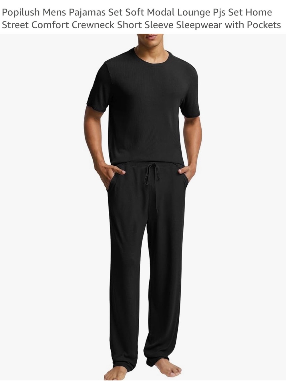 Popilush Black Men’s Short Sleeve Modal Lounge Pajama Set Large